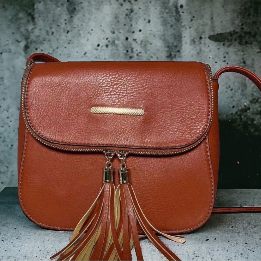 Rust Color Crossbody Handbag with Tassles